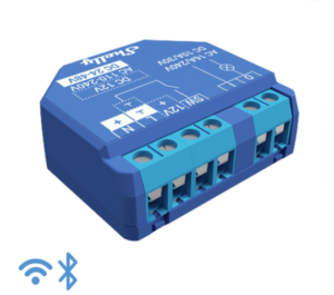 Shelly Plus 1 smart relay switch, used for home automation, featuring a compact design and Wi-Fi connectivity